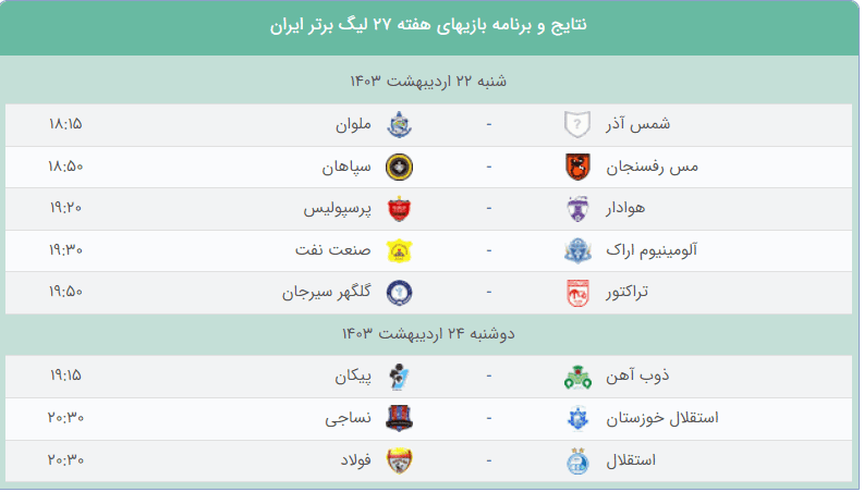 برنامه کامل بازیهای هفته 27 فوتبال لیگ برتر ایران