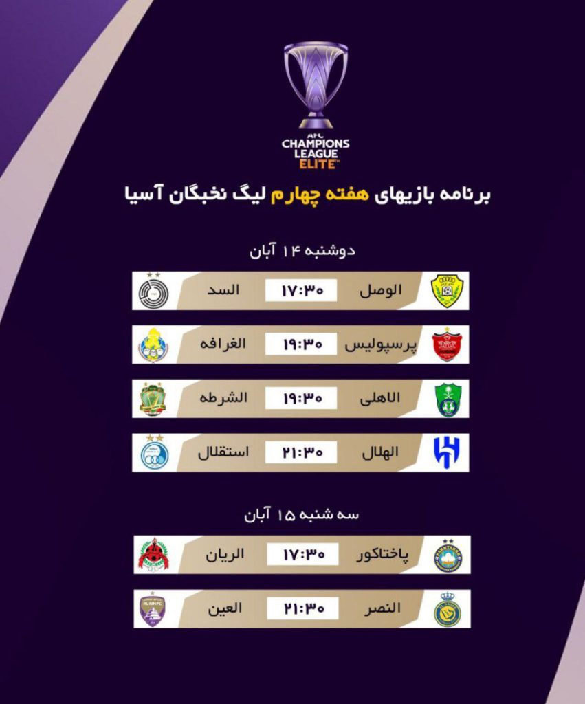برنامه بازی های هفته چهارم لیگ نخبگان آسیا 