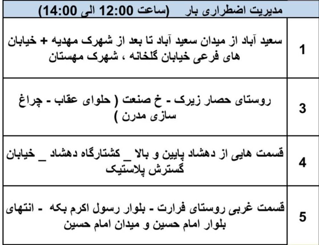 جدول قطعی برق شهریار امروز دوشنبه 22 اردیبهشت 1404