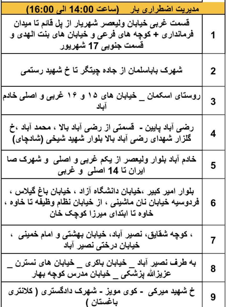 جدول قطعی برق شهریار امروز دوشنبه 22 اردیبهشت 1404
