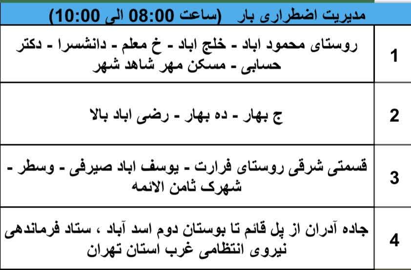 جدول قطعی برق شهریار امروز دوشنبه 22 اردیبهشت 1404