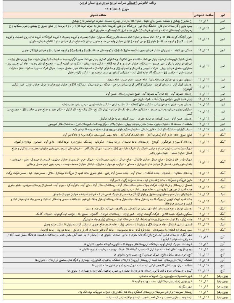جدول قطعی برق قزوین امروز یکشنبه 5 مرداد 1404