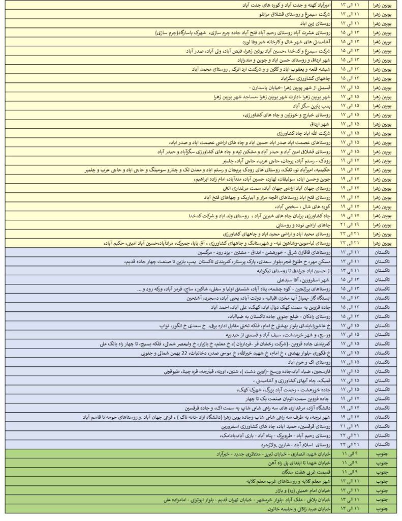 جدول قطعی برق قزوین امروز یکشنبه 5 مرداد 1404