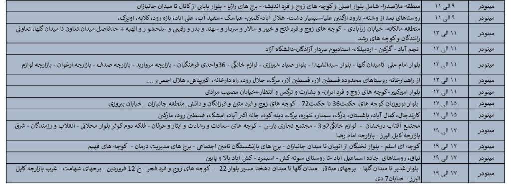 جدول قطعی برق قزوین امروز یکشنبه 5 مرداد 1404