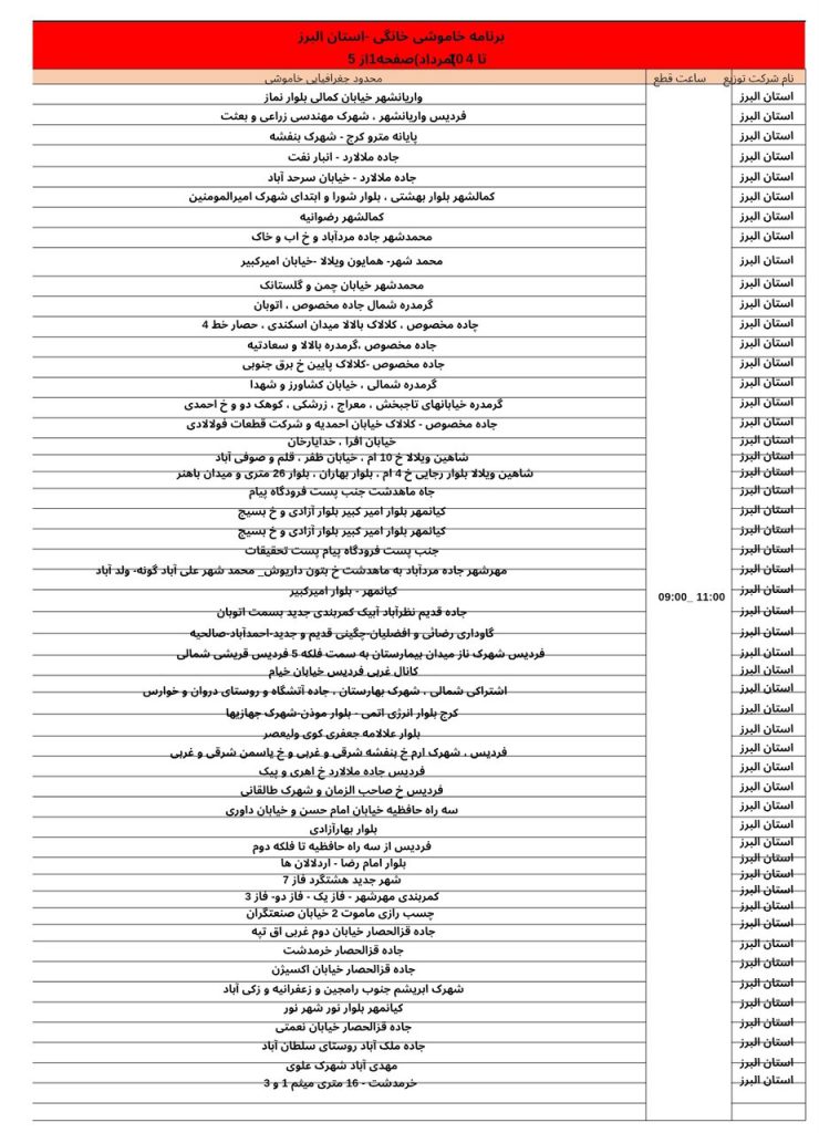 جدول قطعی برق کرج و استان البرز امروز یکشنبه 5 مرداد 1404