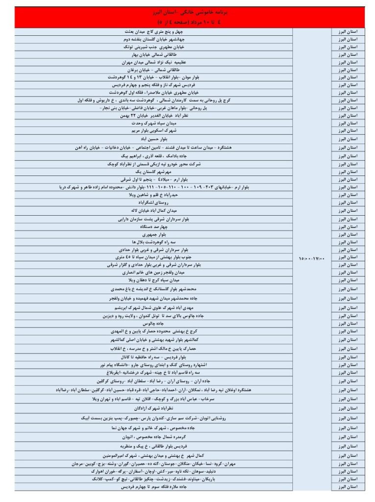 جدول قطعی برق کرج و استان البرز امروز یکشنبه 5 مرداد 1404
