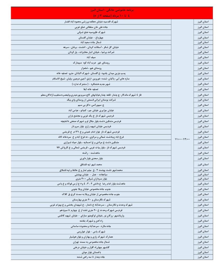 جدول قطعی برق کرج و استان البرز امروز یکشنبه 5 مرداد 1404