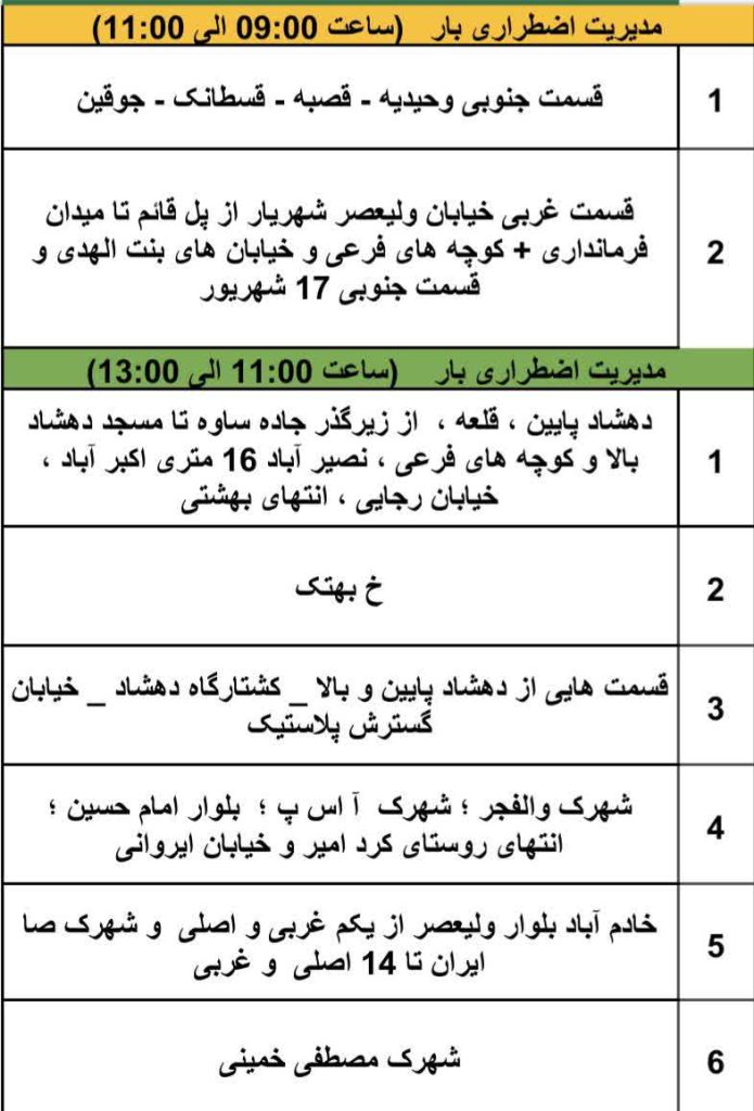 جدول قطعی برق شهریار امروز یکشنبه 29 تیر 1404 بازه اول: ۰۹:۰۰ تا ۱۱:۰۰جدول قطعی برق شهریار – شنبه ۲۸ تیر ۱۴۰۴