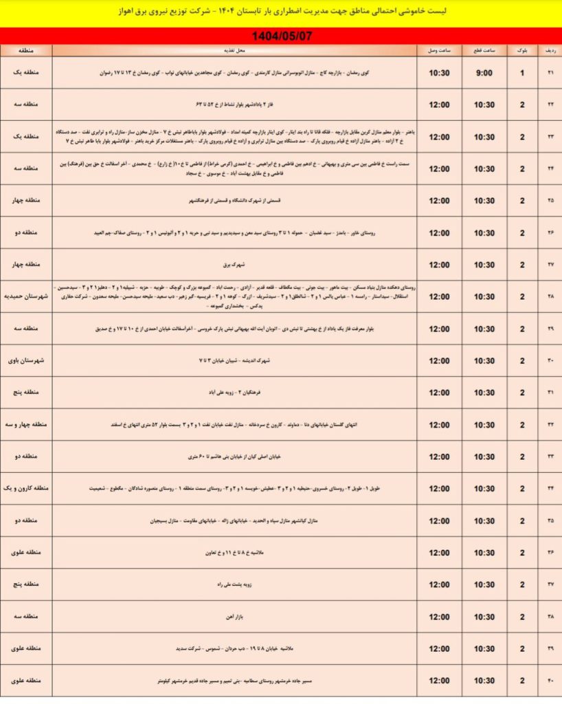 جدول قطعی برق اهواز امروز سه شنبه 7 مرداد 1404