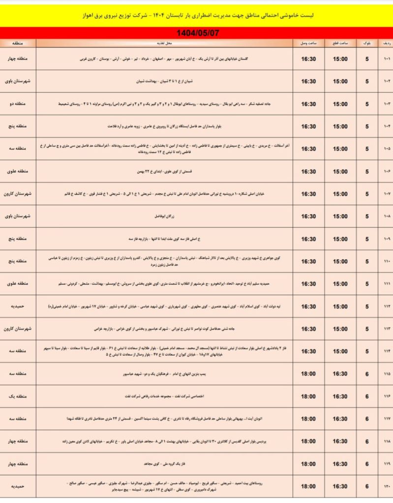 جدول قطعی برق اهواز امروز سه شنبه 7 مرداد 1404