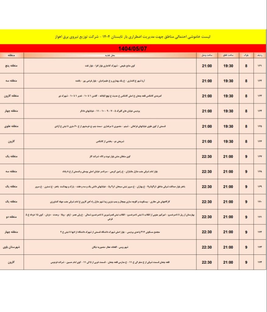 جدول قطعی برق اهواز امروز سه شنبه 7 مرداد 1404