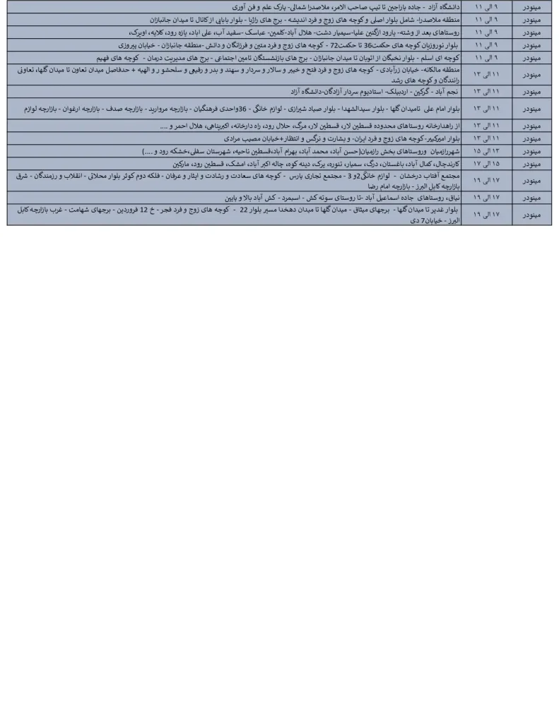 جدول قطعی برق قزوین امروز چهارشنبه 8 مرداد 1404
