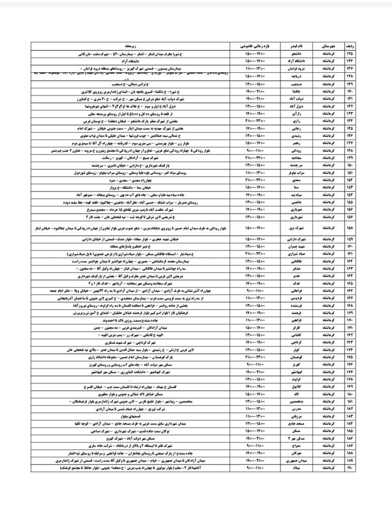 جدول قطعی برق کرمانشاه امروز پنجشنبه 9 مرداد 1404