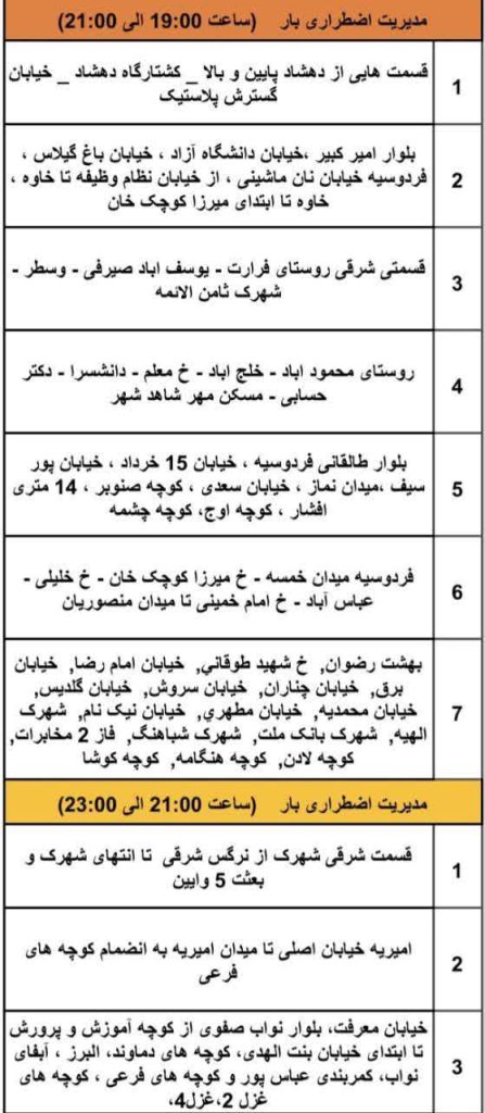 ساعت 19 تا 21 جدول قطعی برق شهریار امروز سه شنبه 31 تیر 1404