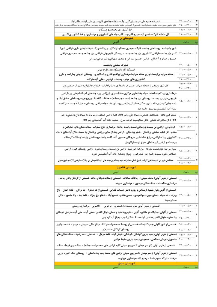 جدول قطعی برق شهرکرد امروز چهارشنبه 5 شهریور 1404
