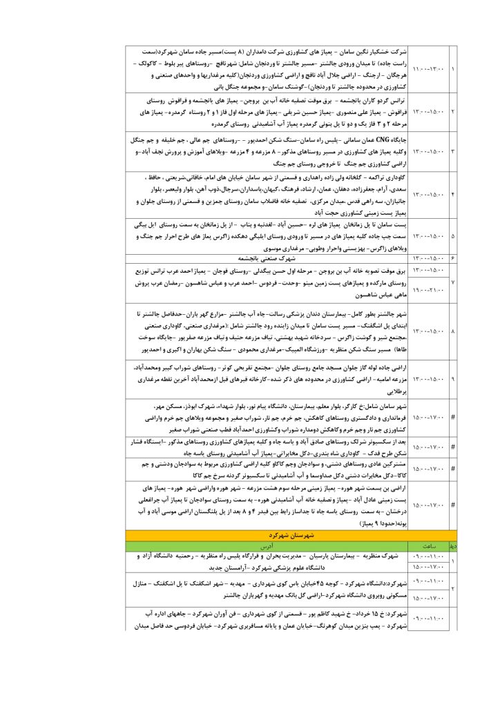 جدول قطعی برق شهرکرد امروز چهارشنبه 5 شهریور 1404