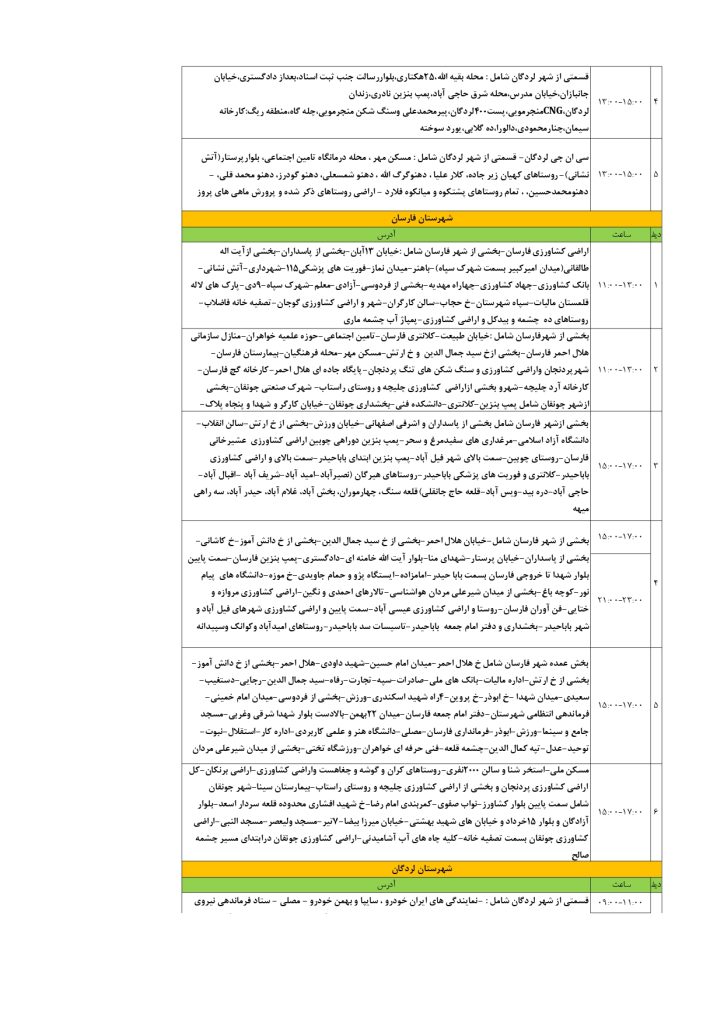 جدول قطعی برق شهرکرد امروز چهارشنبه 5 شهریور 1404