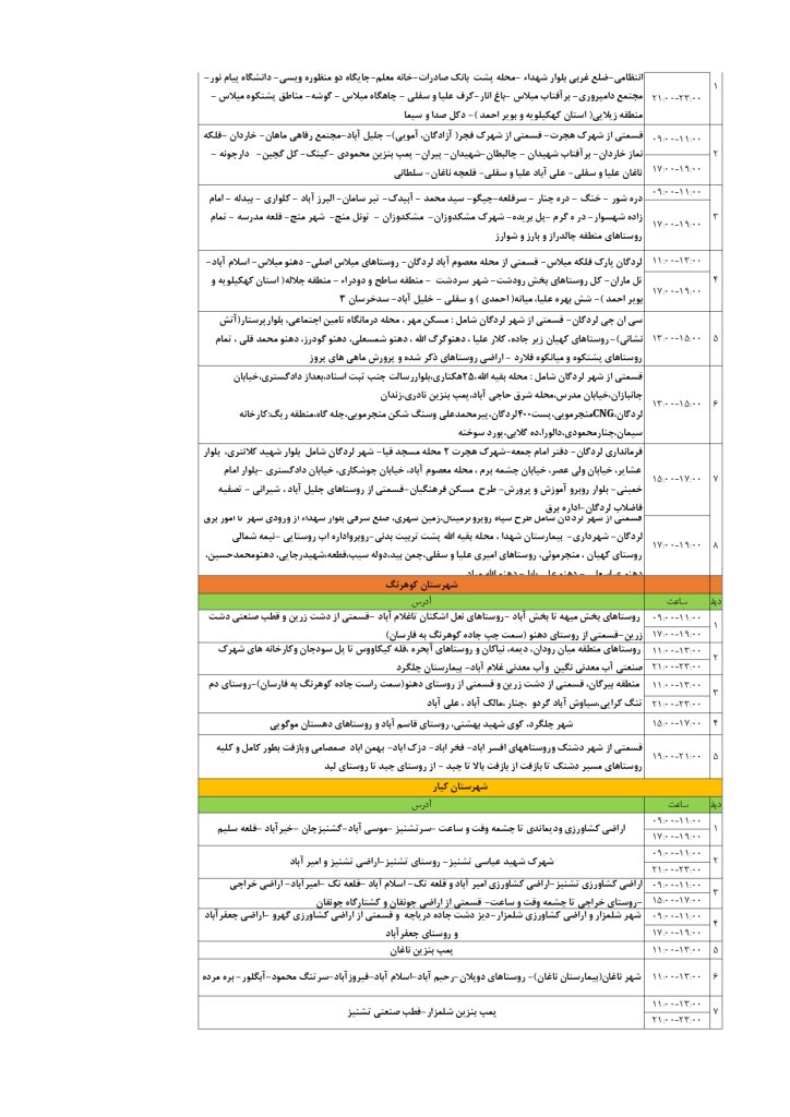 جدول قطعی برق شهرکرد امروز چهارشنبه 5 شهریور 1404