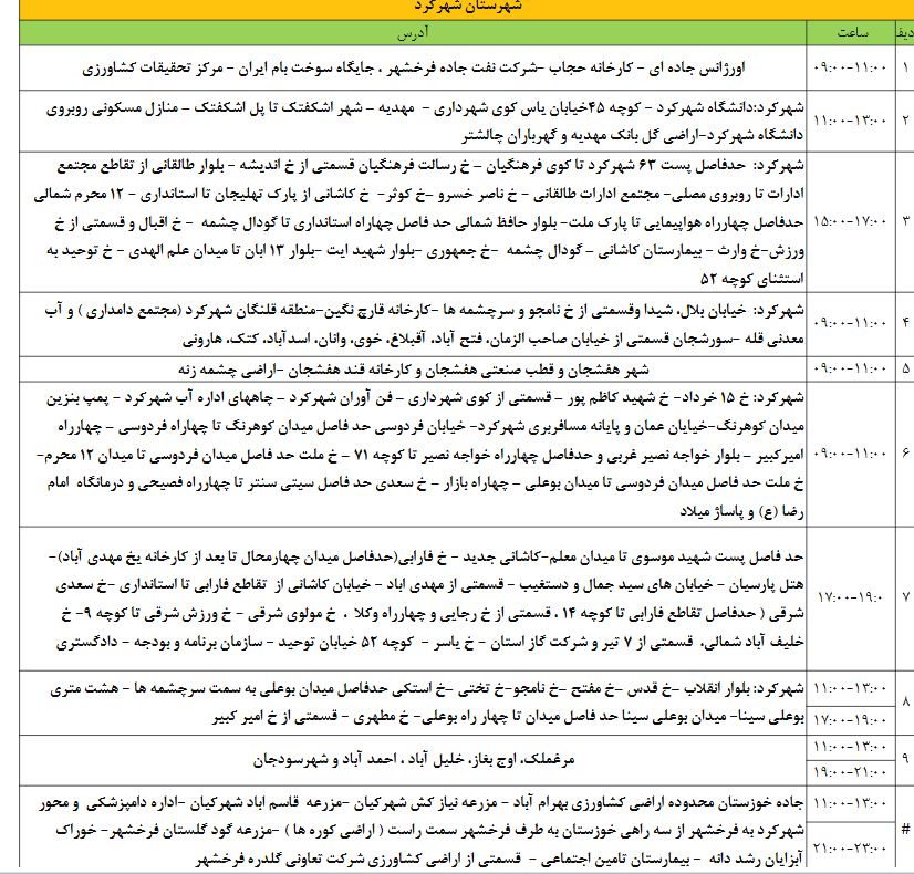 جدول قطعی برق شهرکرد امروز شنبه 8 شهریور 1404 جدول قطعی برق شهرکرد امروز شنبه 8 شهریور 1404