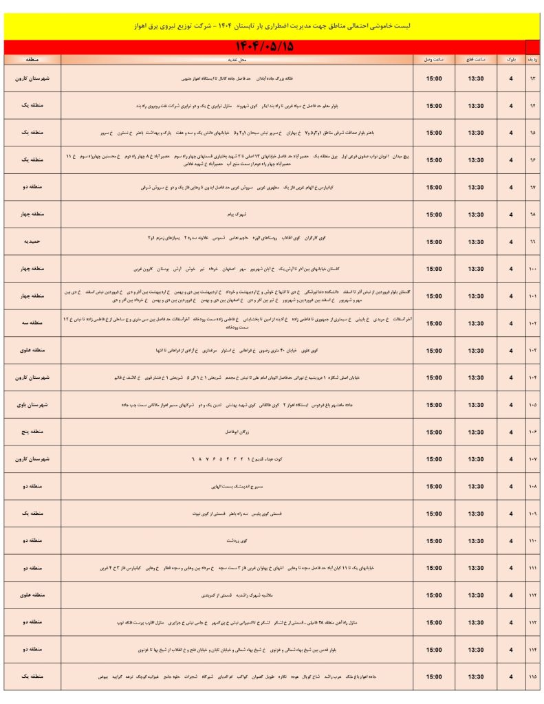 جدول قطعی برق اهواز امروز چهارشنبه 15 مرداد 1404