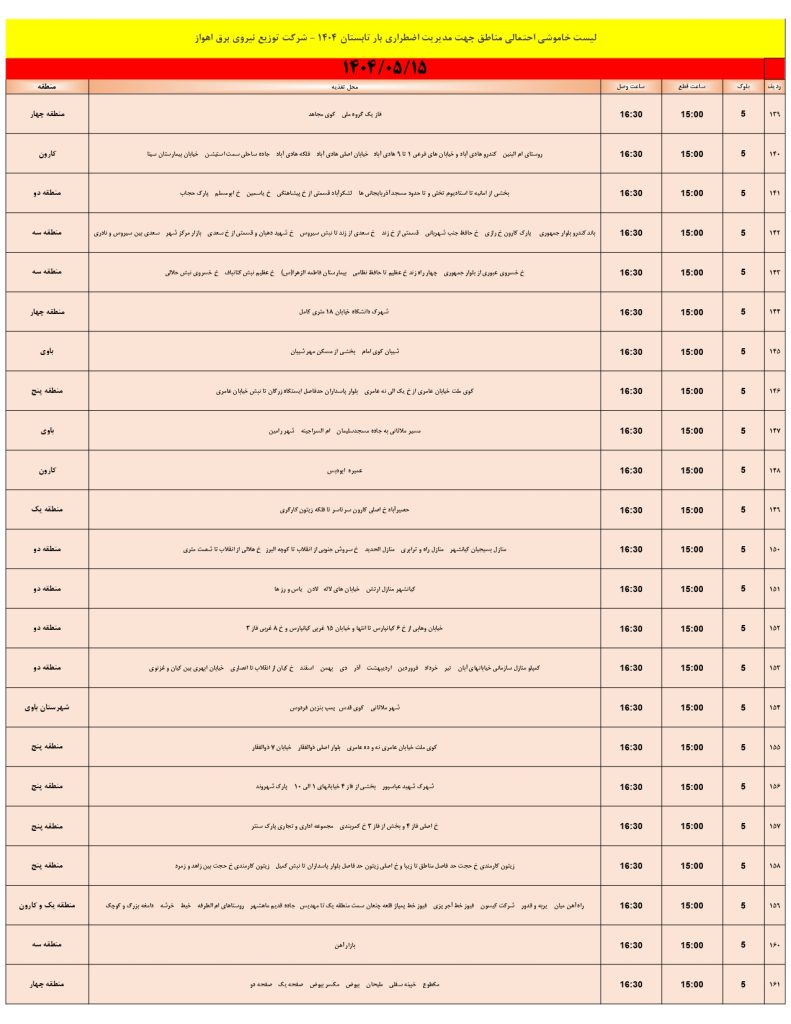 جدول قطعی برق اهواز امروز چهارشنبه 15 مرداد 1404