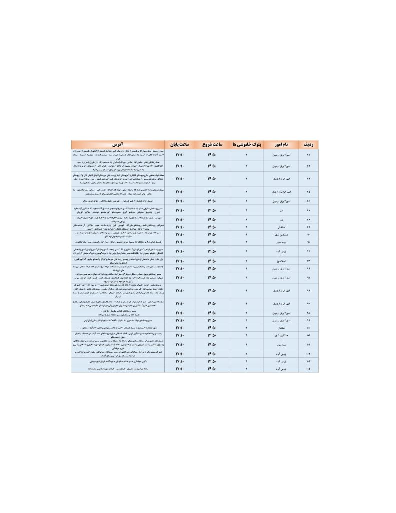 جدول قطعی برق اردبیل امروز دوشنبه 13 مرداد 1404
