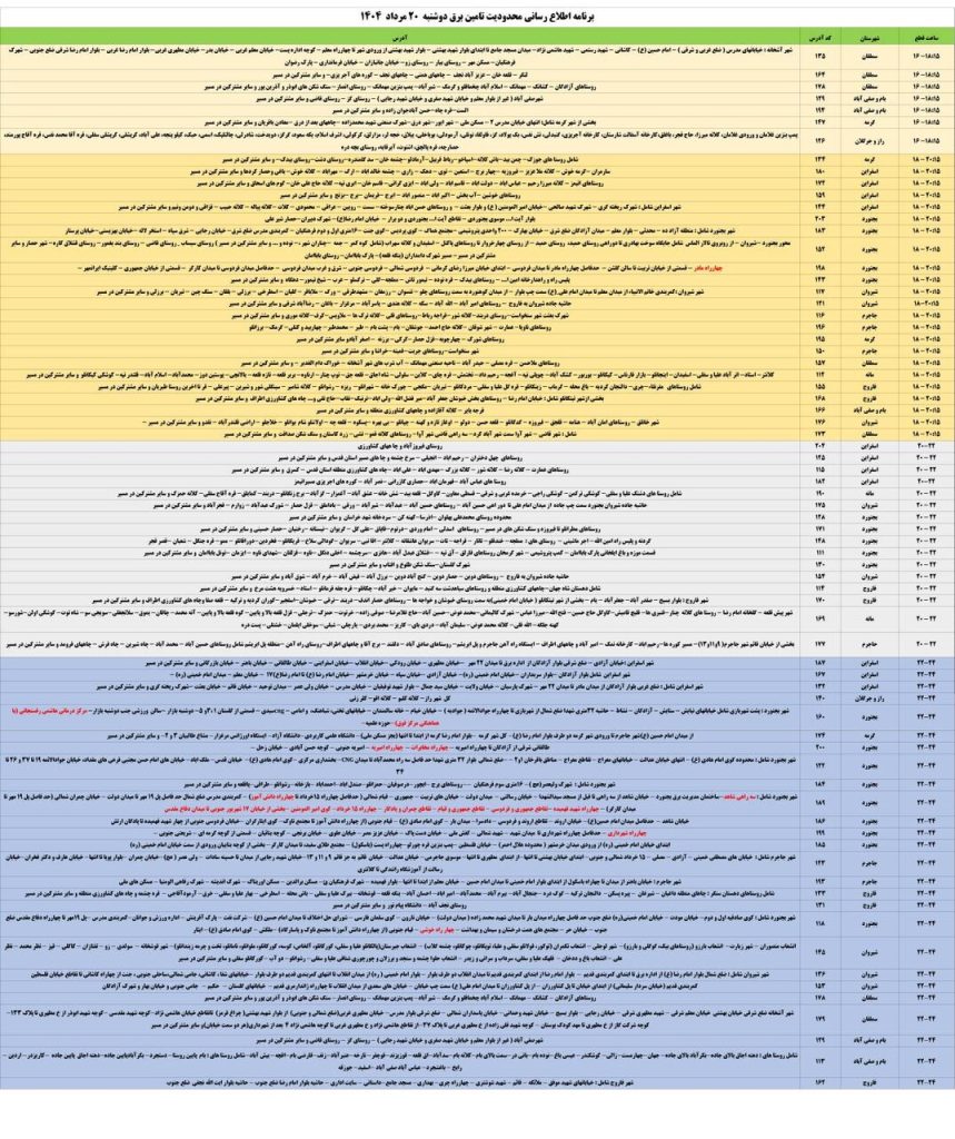 جدول قطعی برق استان خراسان شمالی امروز دوشنبه 20 مرداد 1404