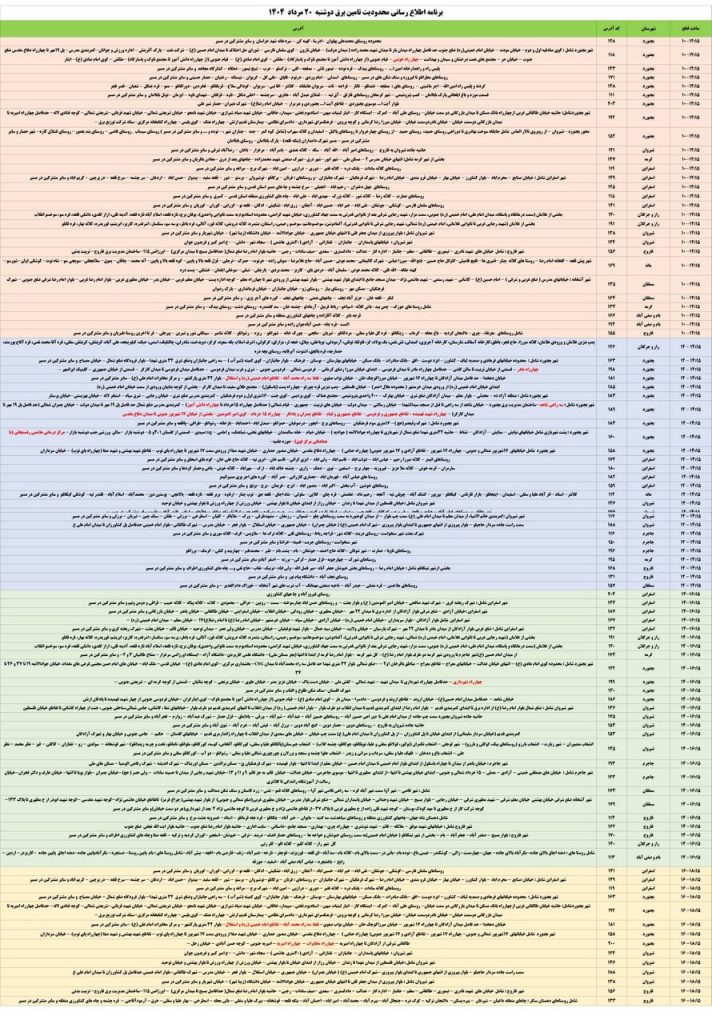 جدول قطعی برق استان خراسان شمالی امروز دوشنبه 20 مرداد 1404 جدول قطعی برق استان خراسان شمالی امروز دوشنبه 20 مرداد 1404