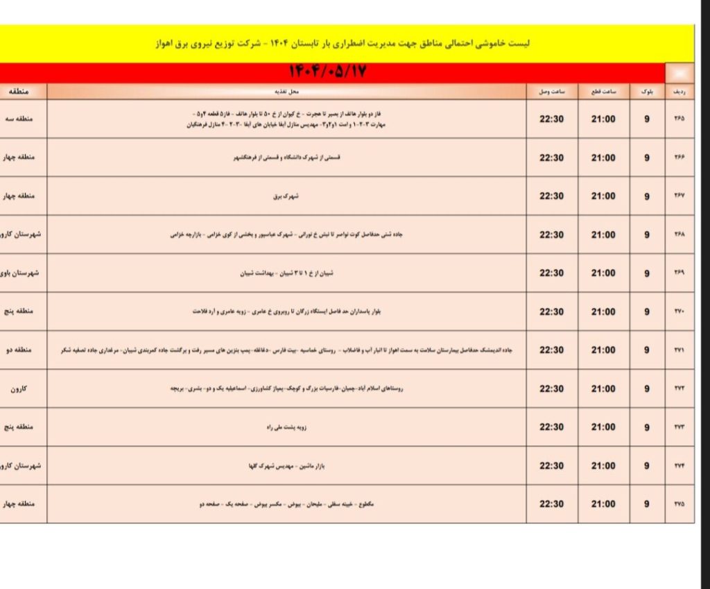 جدول قطعی برق اهواز امروز جمعه 17 مرداد 1404