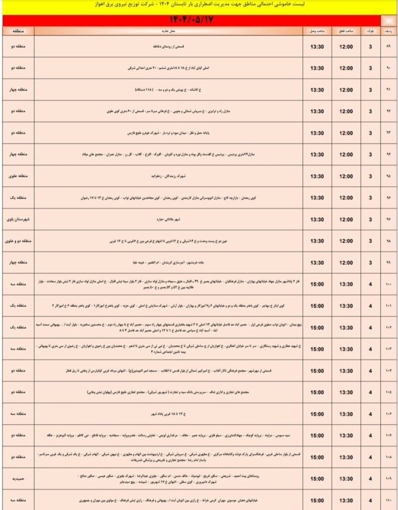 جدول قطعی برق اهواز امروز جمعه 17 مرداد 1404