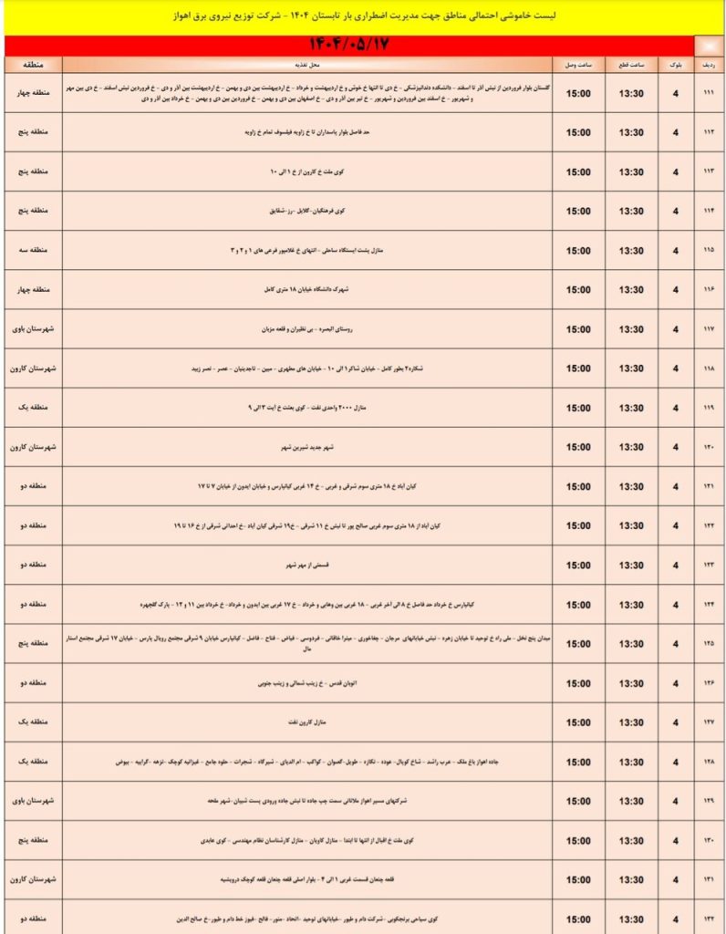 جدول قطعی برق اهواز امروز جمعه 17 مرداد 1404