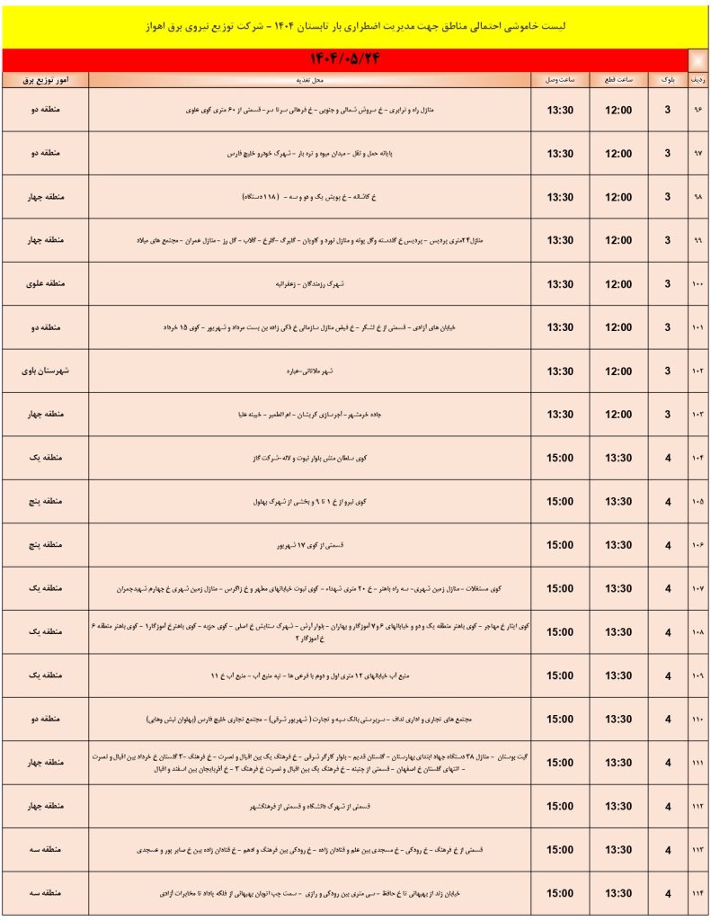 جدول قطعی برق اهواز امروز جمعه 24 مرداد 1404