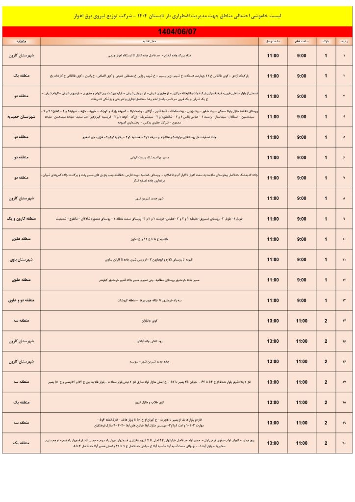 جدول قطعی برق اهواز امروز جمعه 7 شهریور 1404