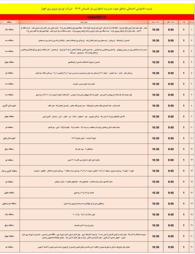 جدول قطعی برق اهواز امروز دوشنبه 13 مرداد 1404