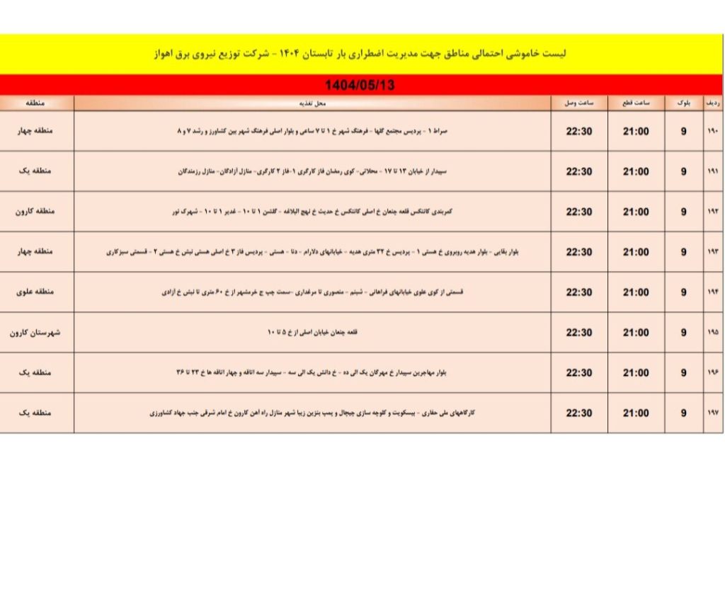 جدول قطعی برق اهواز امروز دوشنبه 13 مرداد 1404