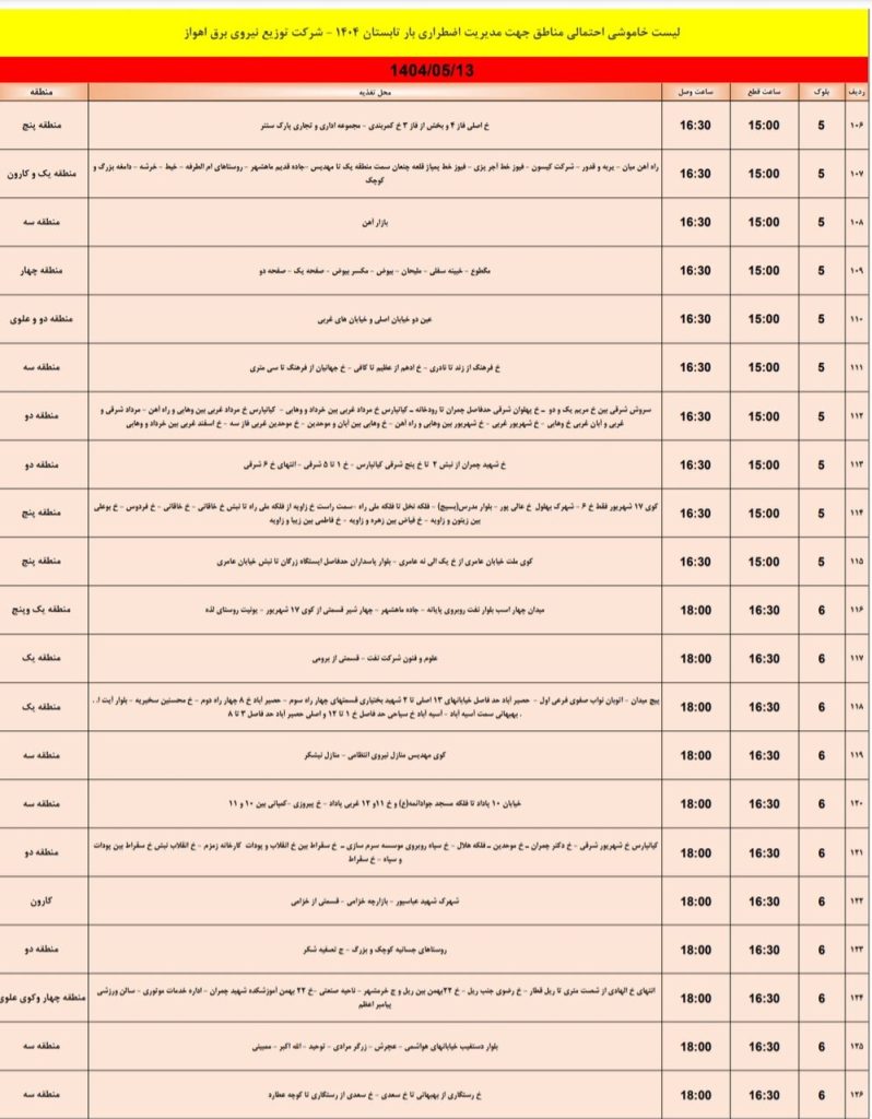 جدول قطعی برق اهواز امروز دوشنبه 13 مرداد 1404