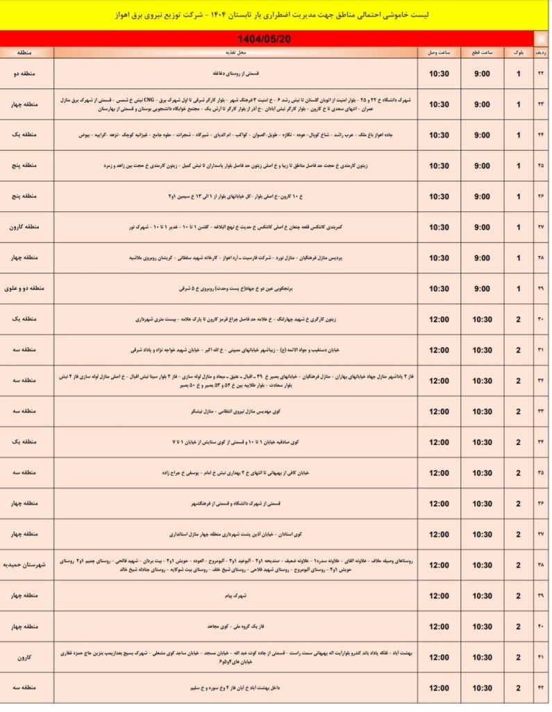 جدول قطعی برق اهواز امروز دوشنبه 20 مرداد 1404