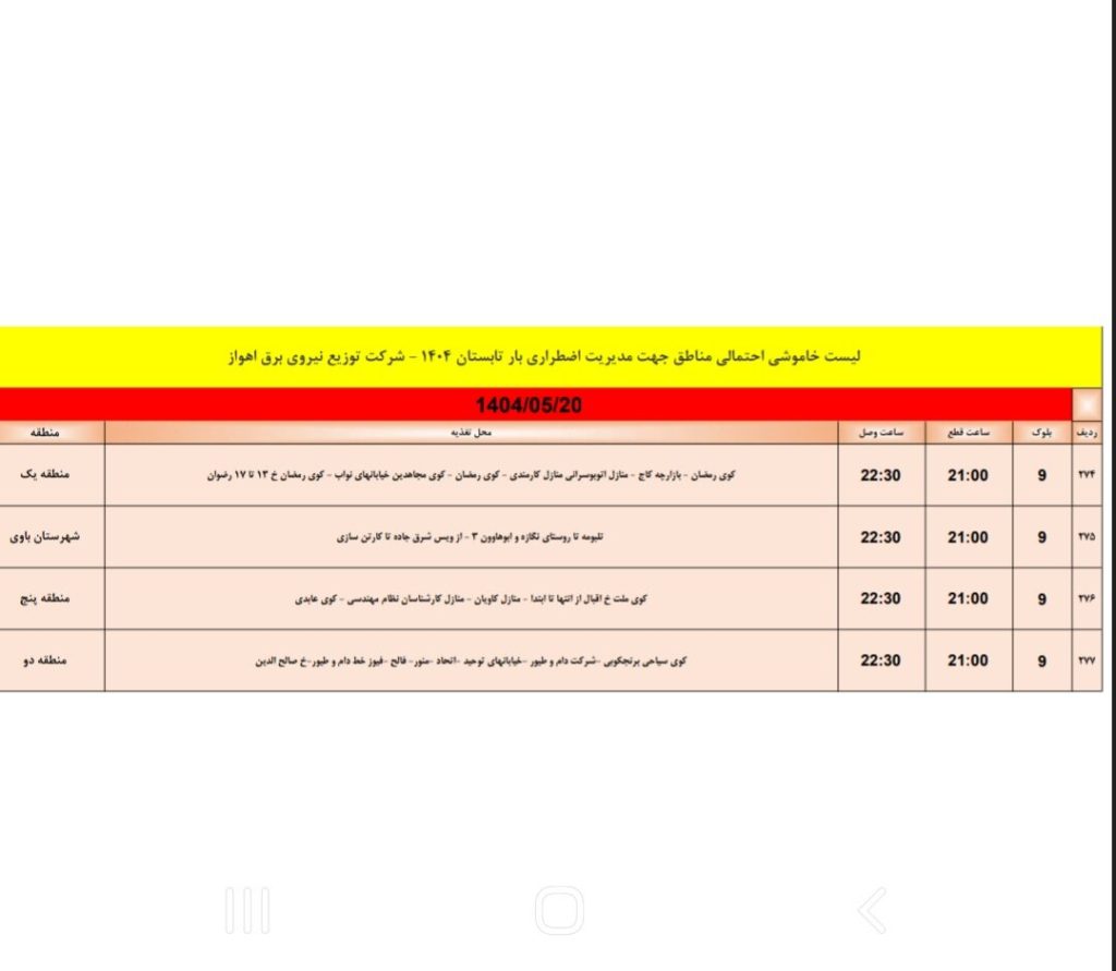 جدول قطعی برق اهواز امروز دوشنبه 20 مرداد 1404