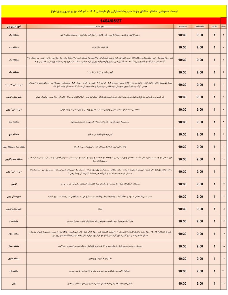 جدول قطعی برق اهواز امروز دوشنبه 27 مرداد 1404