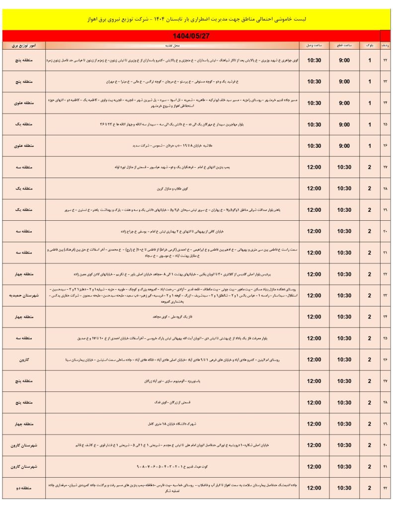 جدول قطعی برق اهواز امروز دوشنبه 27 مرداد 1404