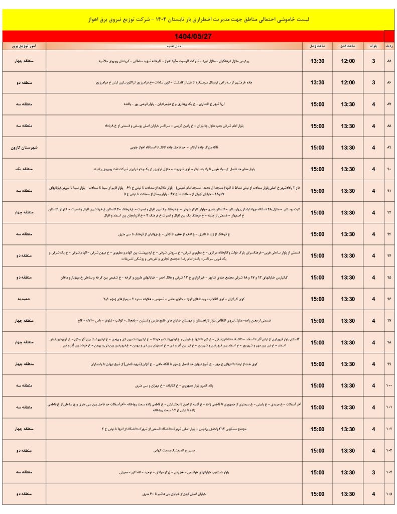 جدول قطعی برق اهواز امروز دوشنبه 27 مرداد 1404