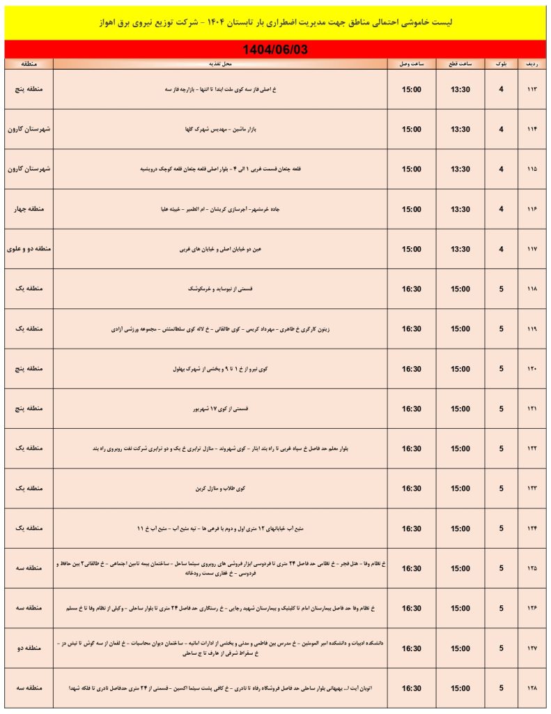 جدول قطعی برق اهواز امروز دوشنبه 3 شهریور 1404