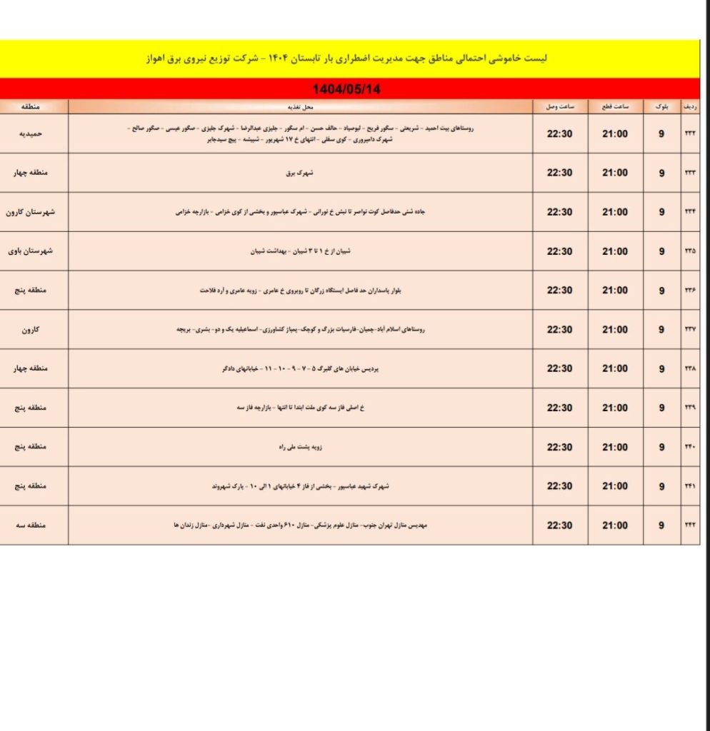 جدول قطعی برق اهواز امروز سه شنبه 14 مرداد 1404