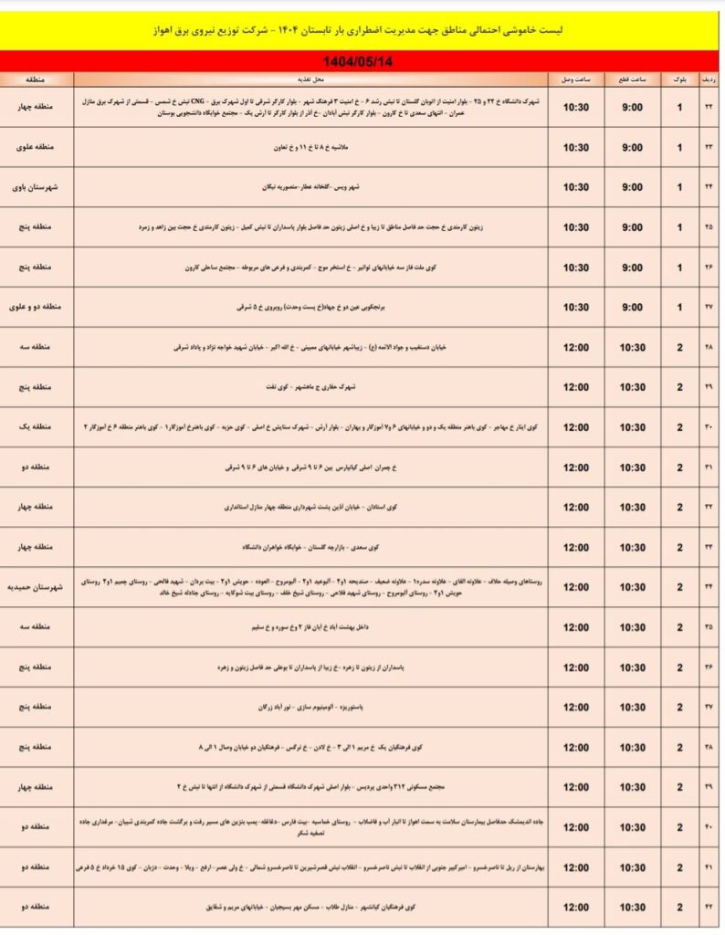 جدول قطعی برق اهواز امروز سه شنبه 14 مرداد 1404