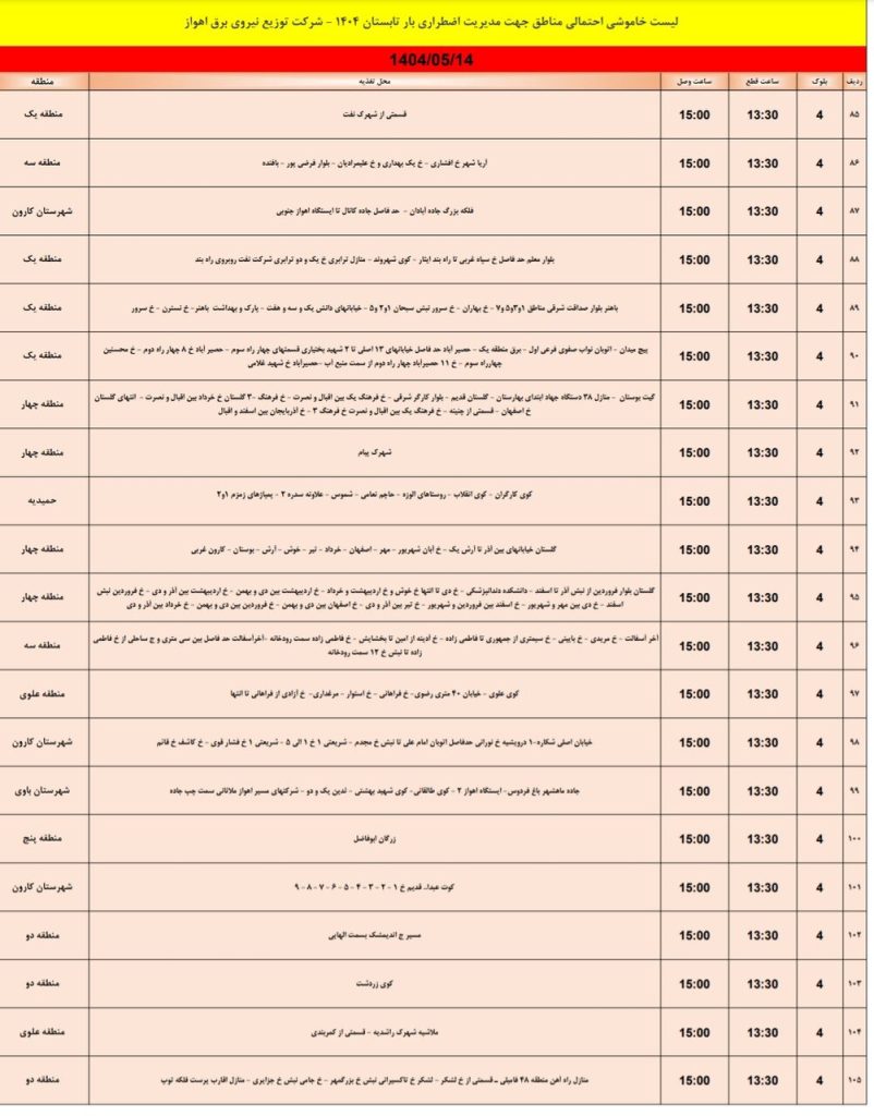 جدول قطعی برق اهواز امروز سه شنبه 14 مرداد 1404