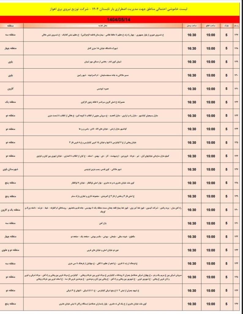 جدول قطعی برق اهواز امروز سه شنبه 14 مرداد 1404