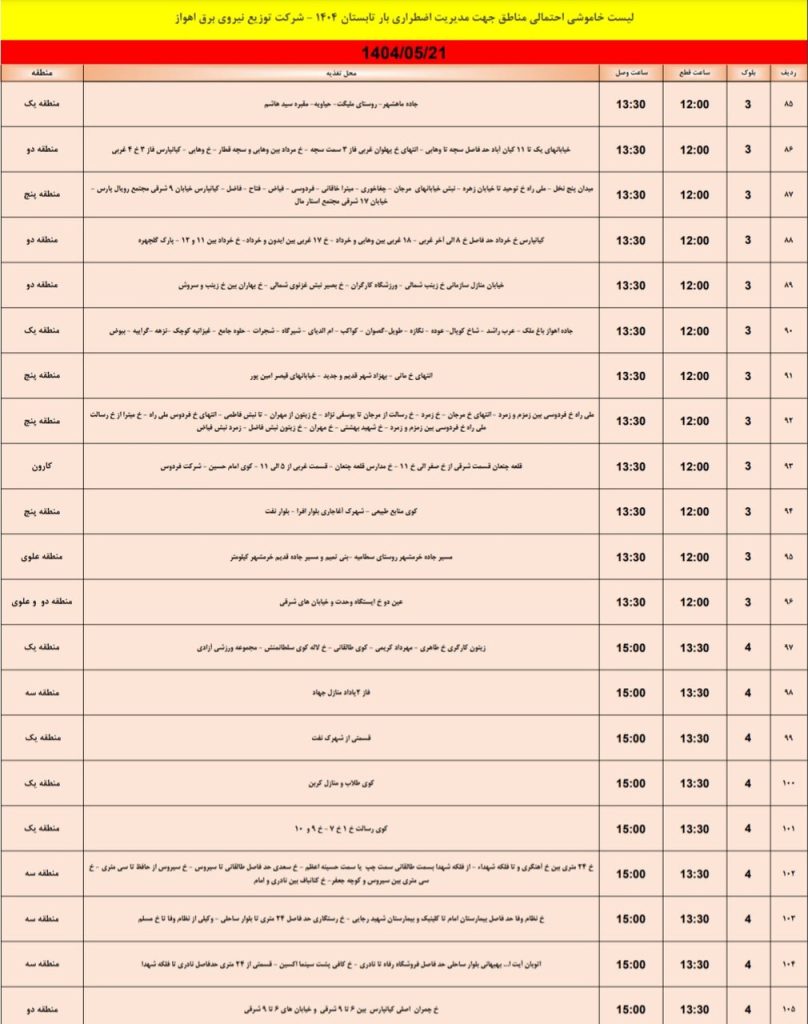 جدول قطعی برق اهواز امروز سه شنبه 21 مرداد 1404