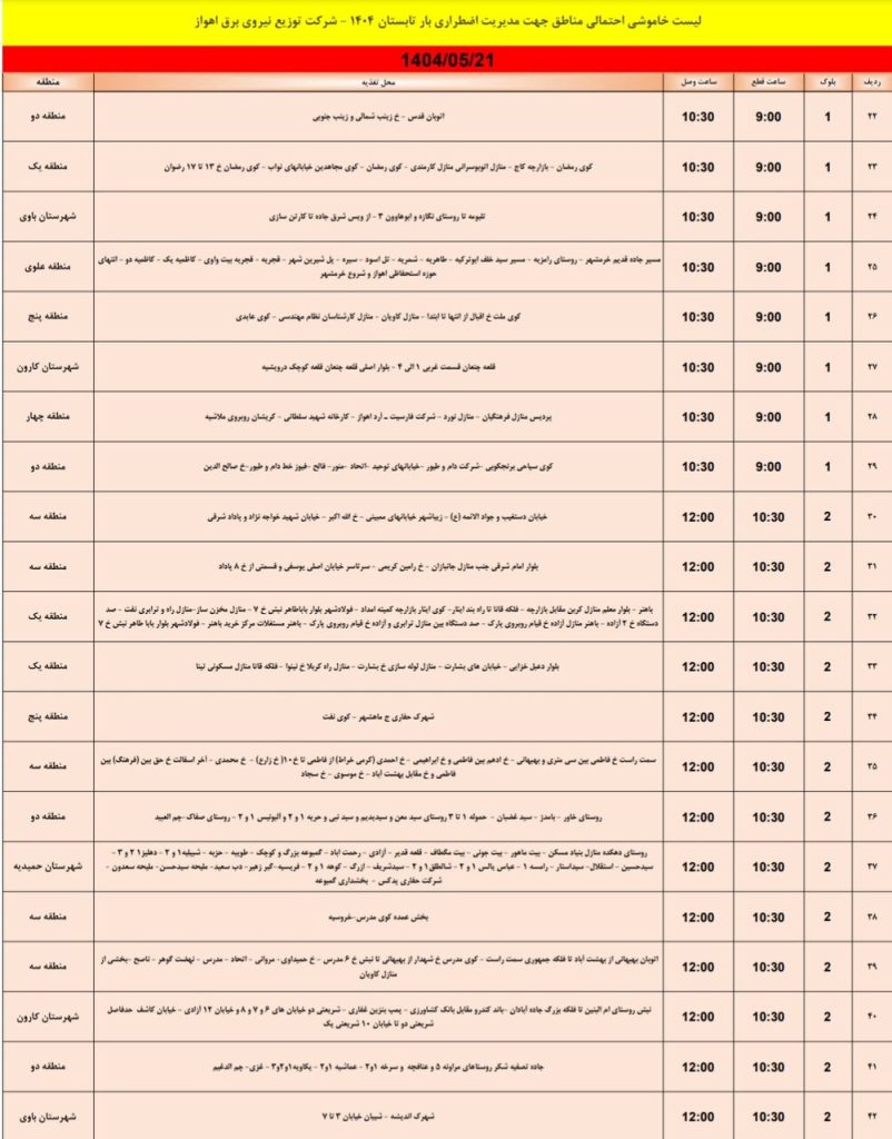 جدول قطعی برق اهواز امروز سه شنبه 21 مرداد 1404