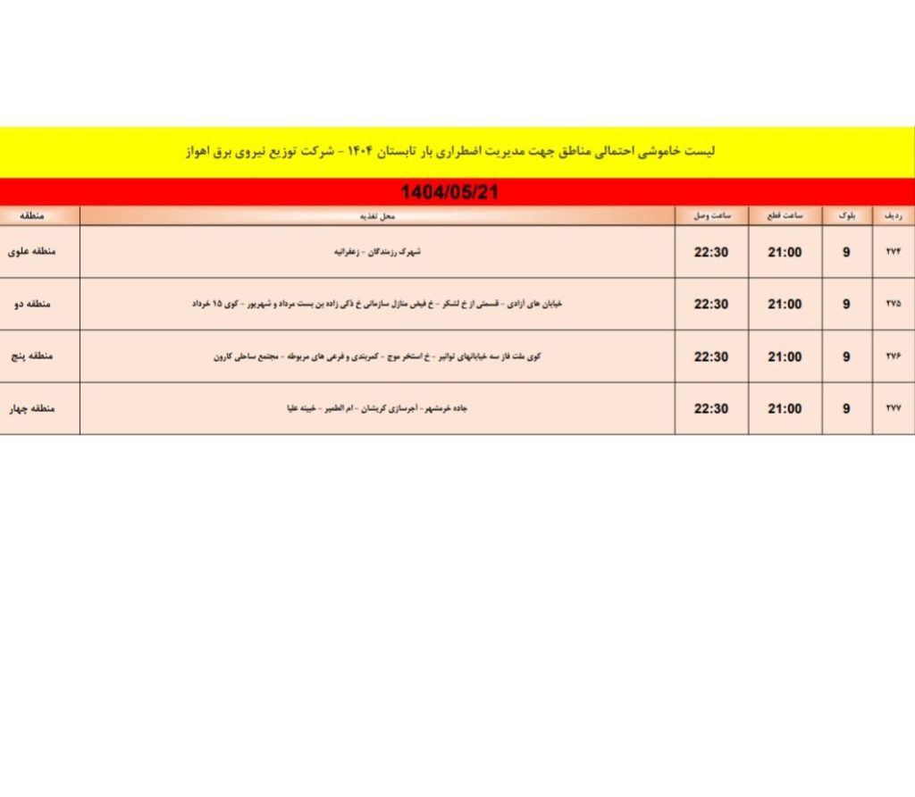 جدول قطعی برق اهواز امروز سه شنبه 21 مرداد 1404