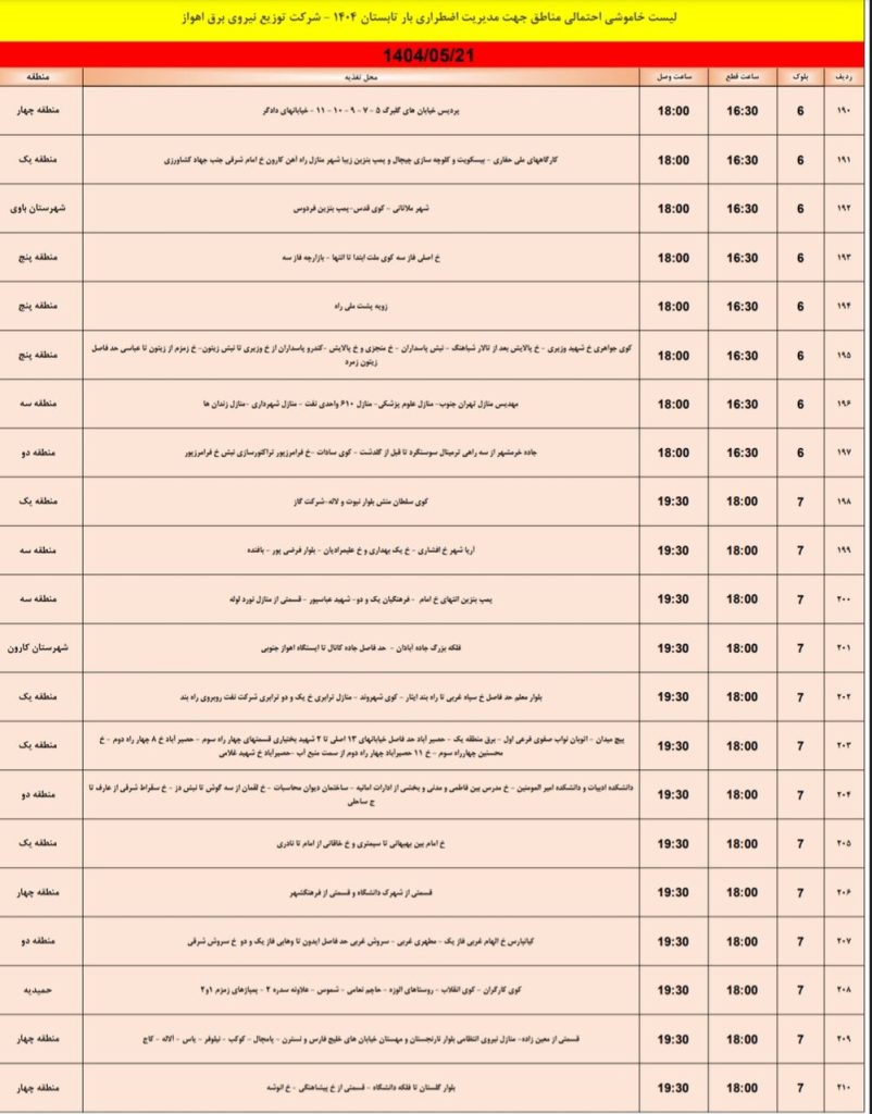 جدول قطعی برق اهواز امروز سه شنبه 21 مرداد 1404